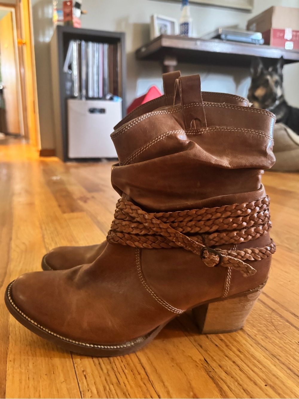 Women's Brown Braided Leather Mid-Heel Boot